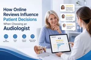 Audiologist and patient reviewing online reviews