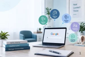 Audiology services and Google search on a laptop