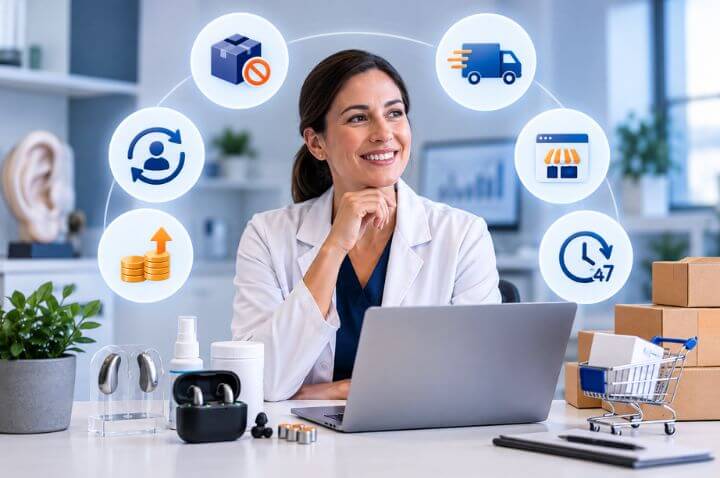 Audiology practice offering hearing care products through an online store