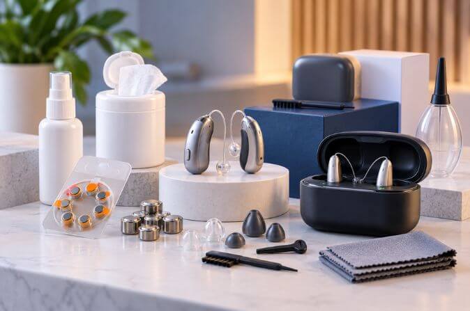 Hearing aid products and accessories for audiology patients